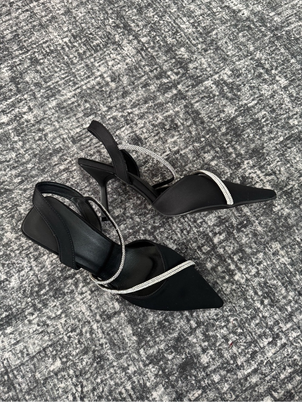 Black Pointed Slingback Heels with Crystal Straps